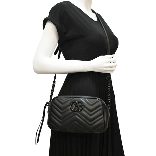 GUCCI GG Marmont Matelasse Chevron Leather Camera Crossbody Bag Black 447632