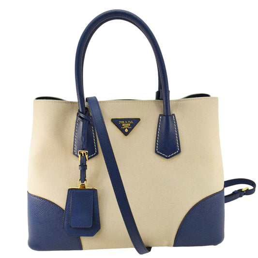 PRADA Double Handle Canvas Tote Shoulder Bag Beige