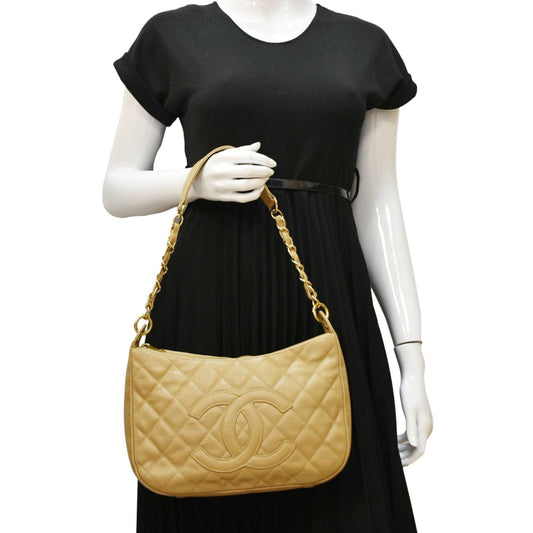 CHANEL  Half Moon Quilted Caviar Leather Hobo Bag Dark Beige