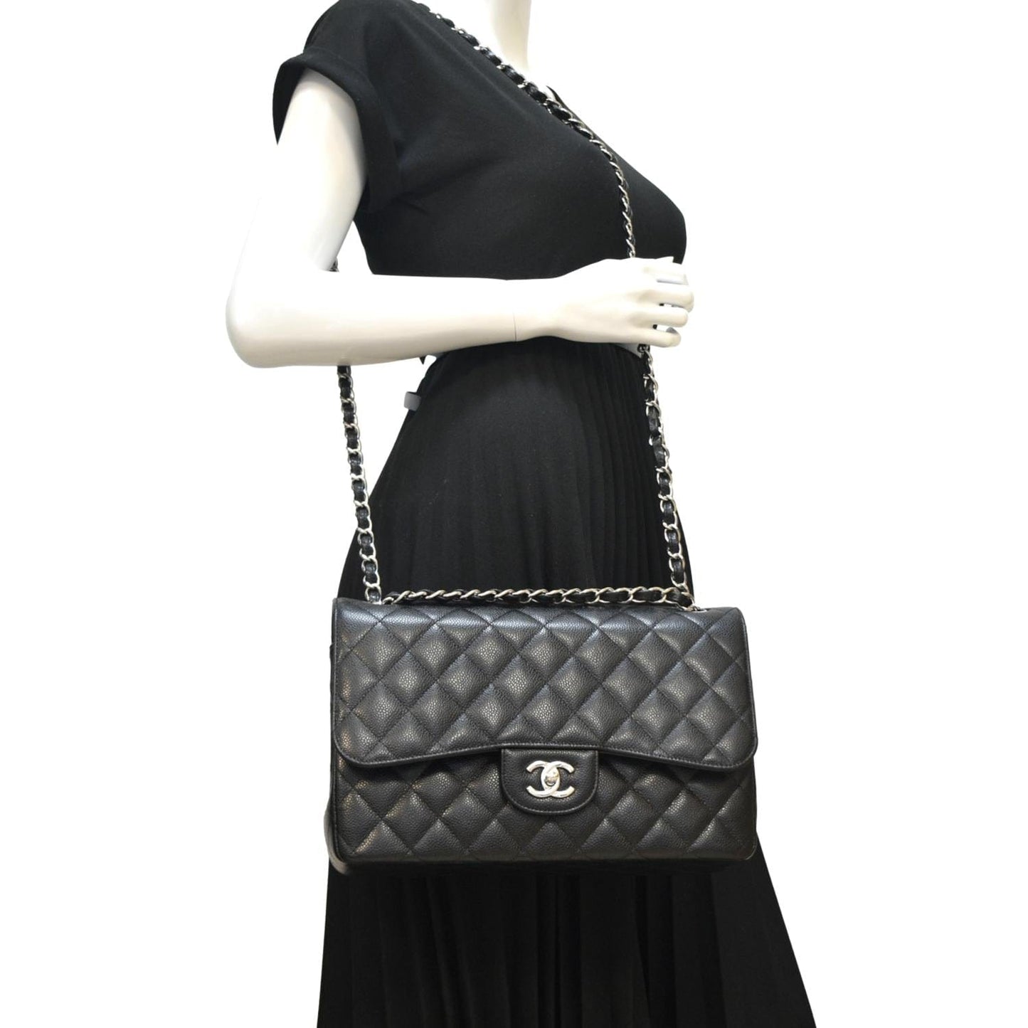 CHANEL Classic Large Double Flap Quilted Leather Shoulder Bag Black