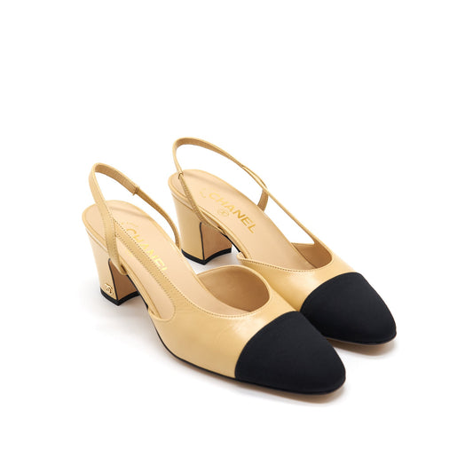 CHANEL SLING BACK BEIGE & BLACK SIZE38 Handbag
