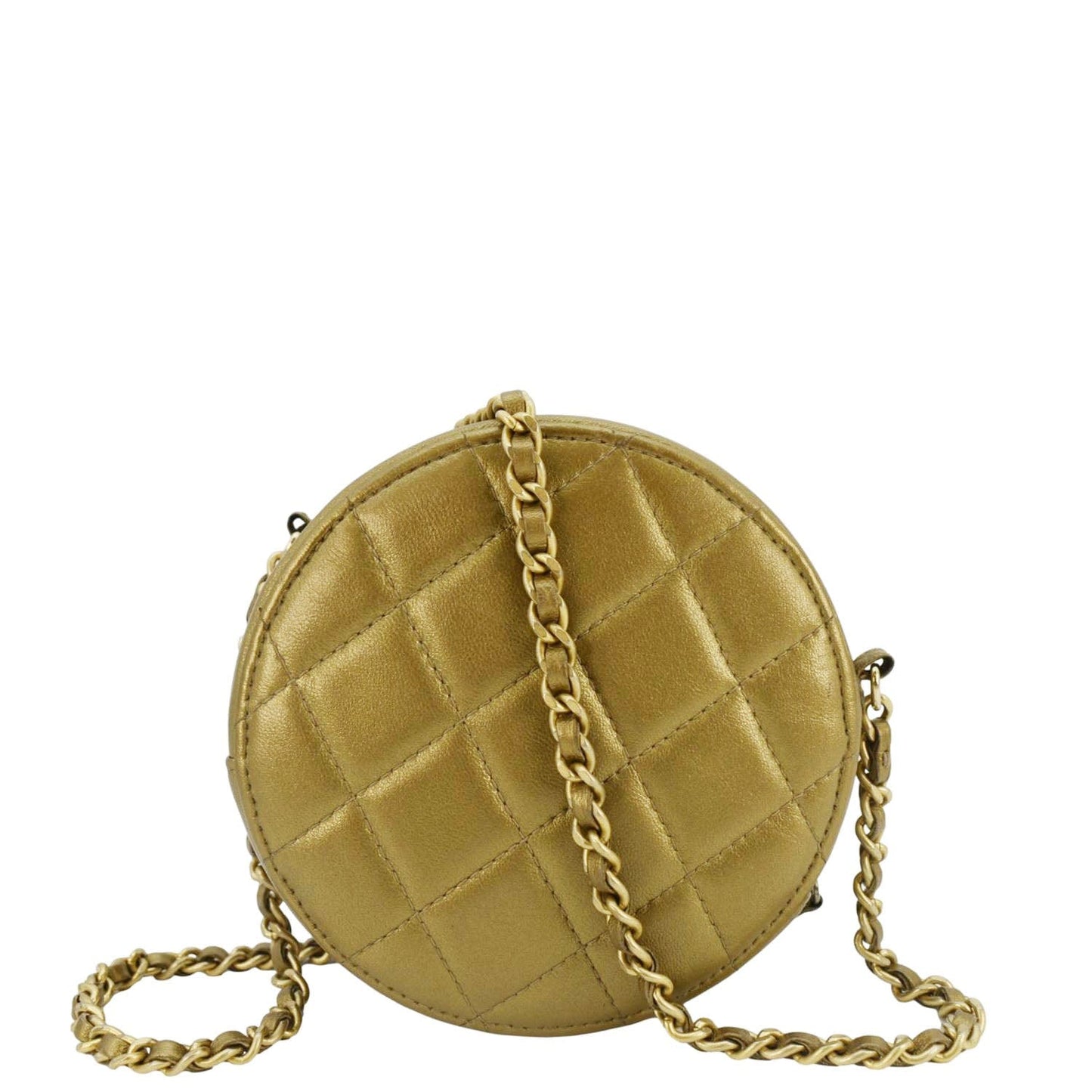 Chanel Egyptian Amulet Round Quilted Metallic Lambskin Chain Clutch Crossbody Bag Gold