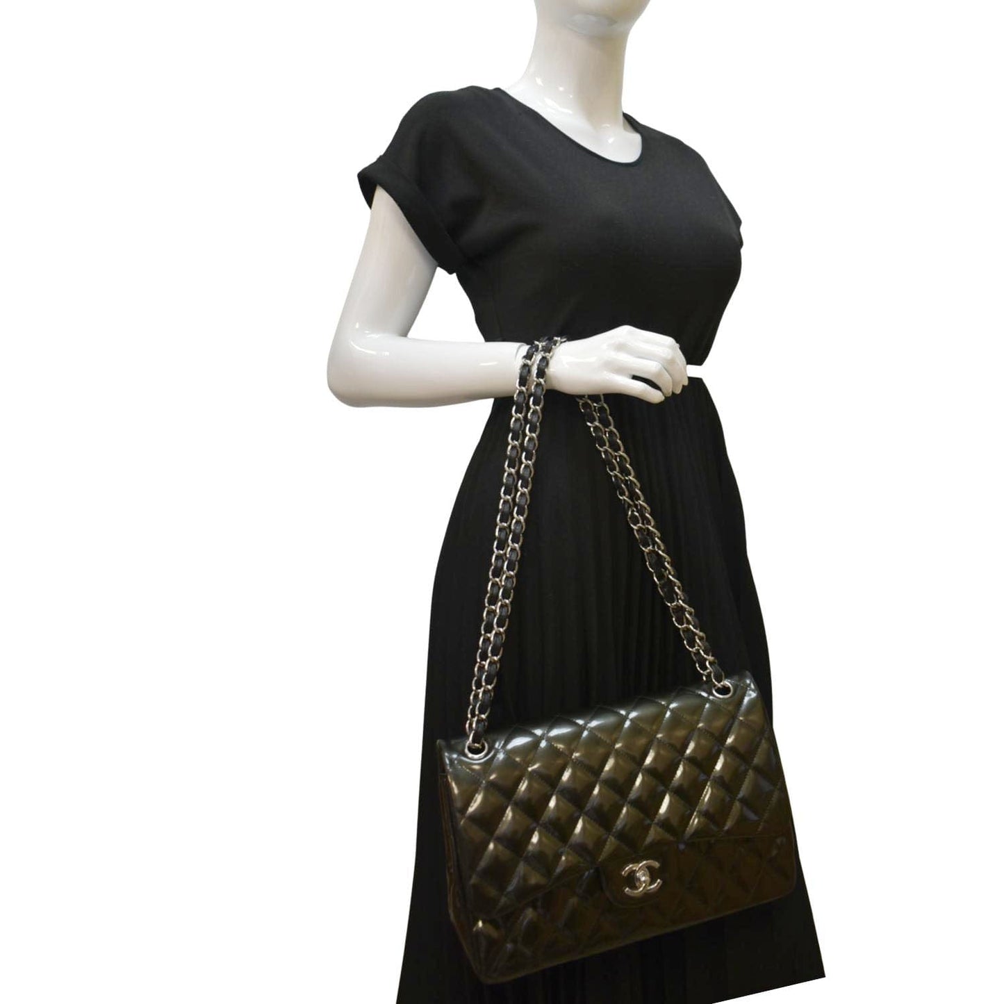 Chanel Jumbo Flap Striated Quilted Patent Leather Shoulder Bag Green