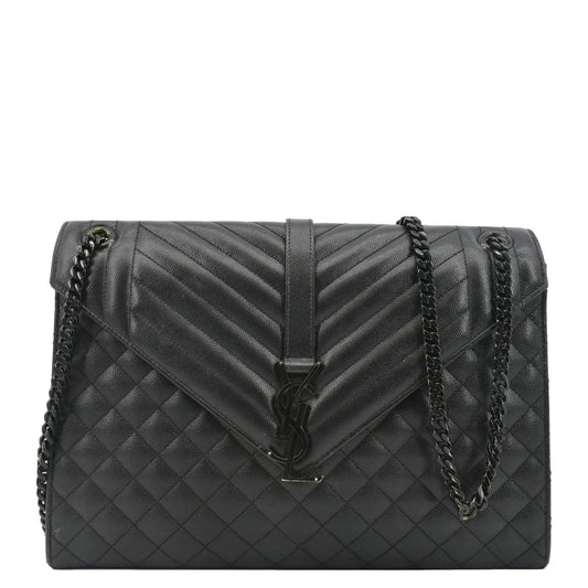 YVES SAINT LAURENT Envelope Mix Matelassé Chain Leather Shoulder Bag Black