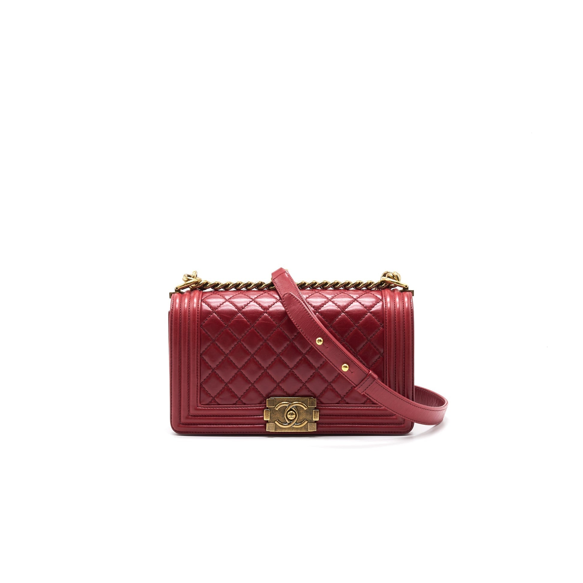 CHANEL Glazed Calfskin Medium LeBoy In Red Gold Hardware Handbag