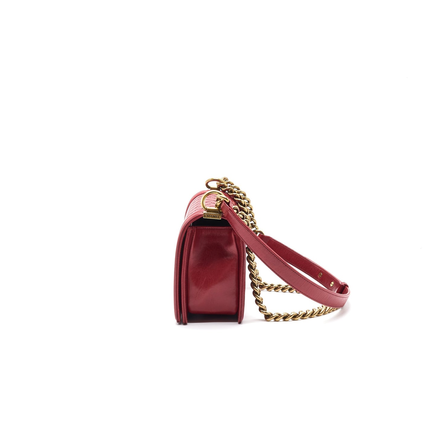 CHANEL Glazed Calfskin Medium LeBoy In Red Gold Hardware Handbag