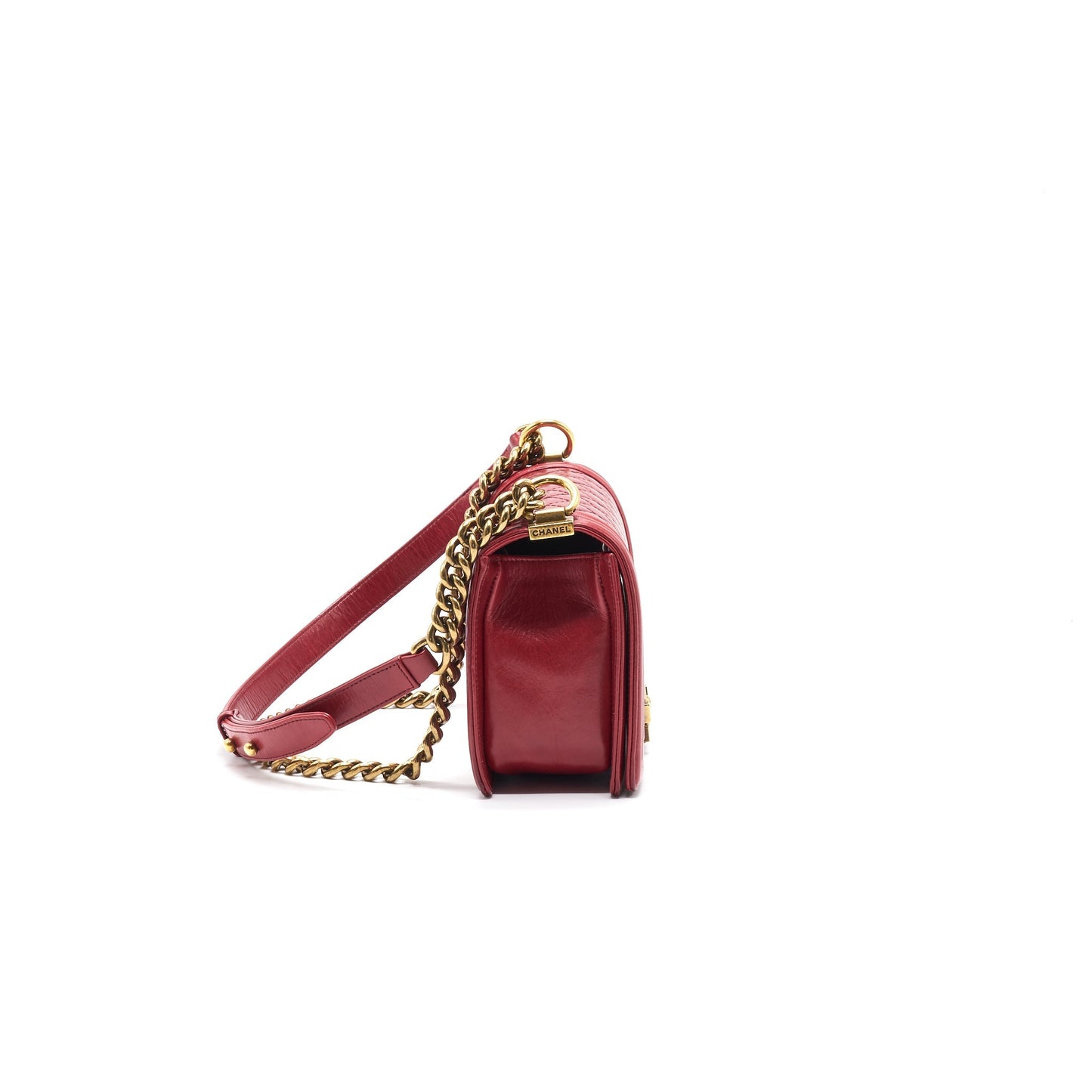 CHANEL Glazed Calfskin Medium LeBoy In Red Gold Hardware Handbag