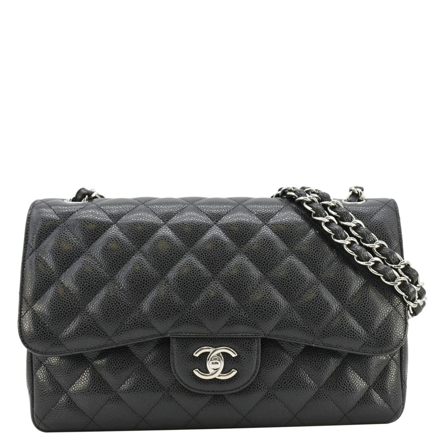 Chanel Classic Jumbo Double Flap Quilted Caviar Leather Shoulder Bag Black