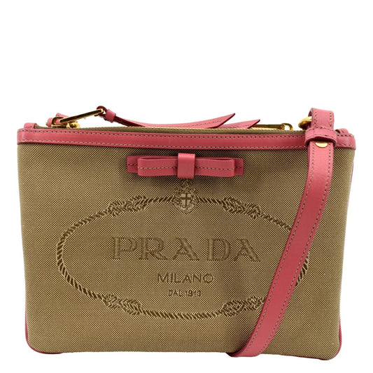 PRADA Jacquard Fabric Trim Crossbody Bag Brown