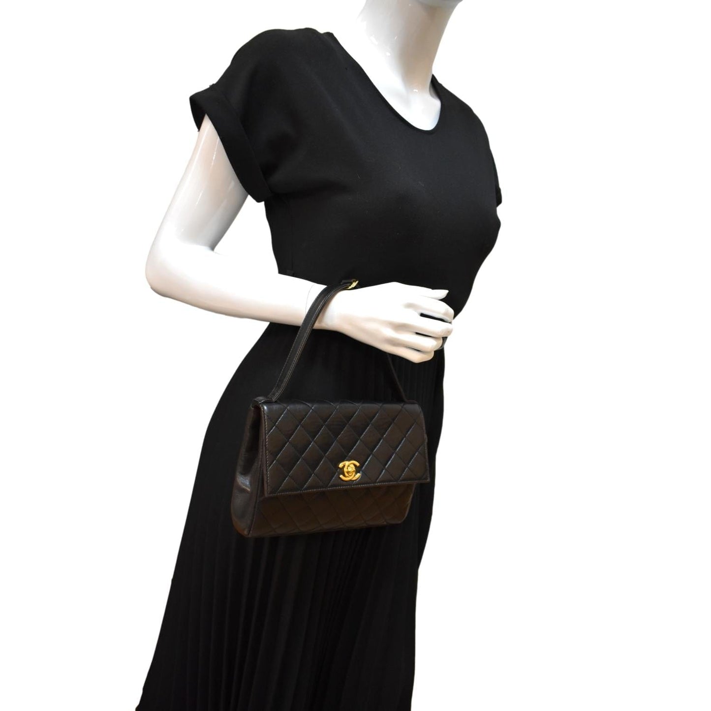 CHANEL  Flap Quilted Leather Top Handle Bag Black
