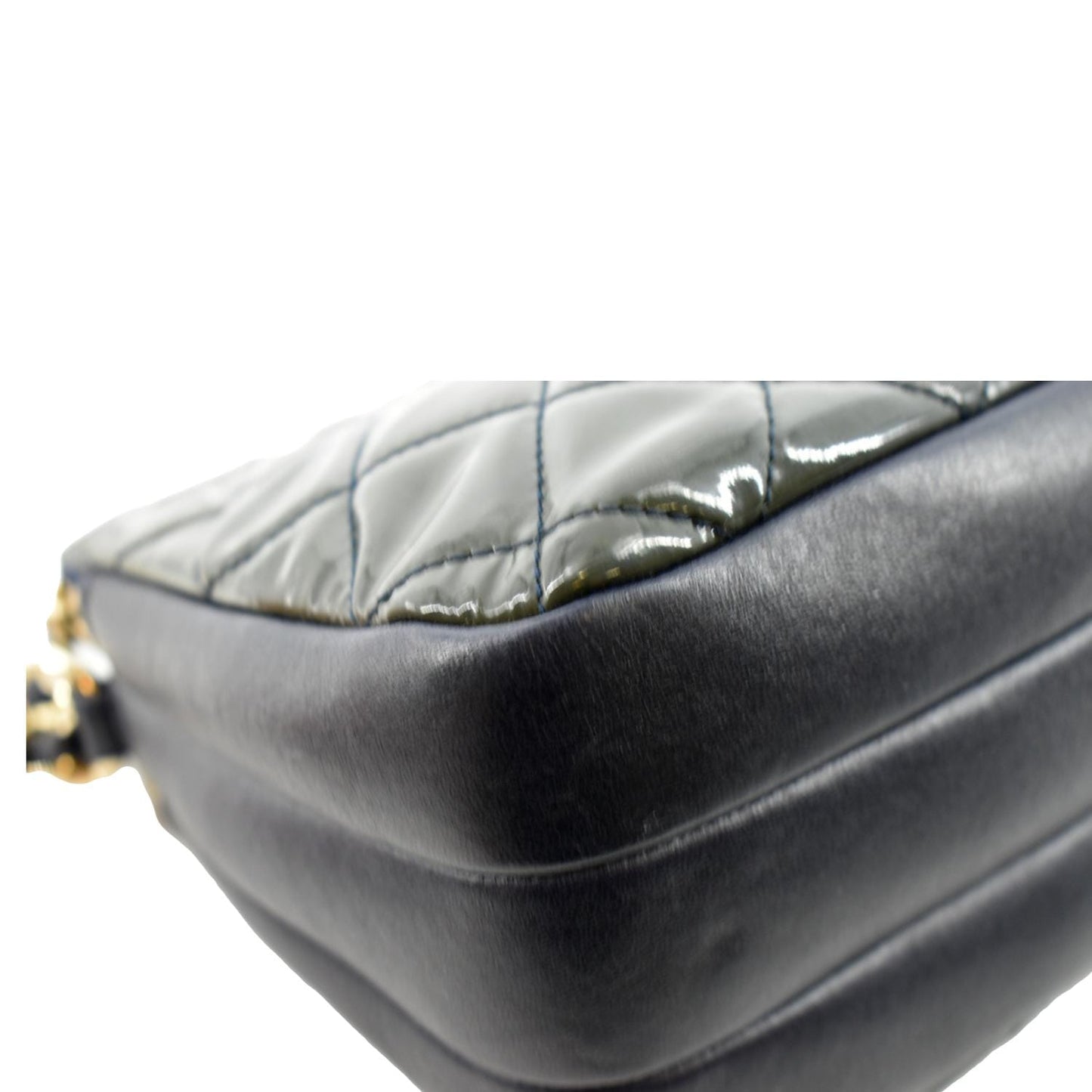CHANEL Double Zip Patent Leather Shoulder Bag Navy Blue
