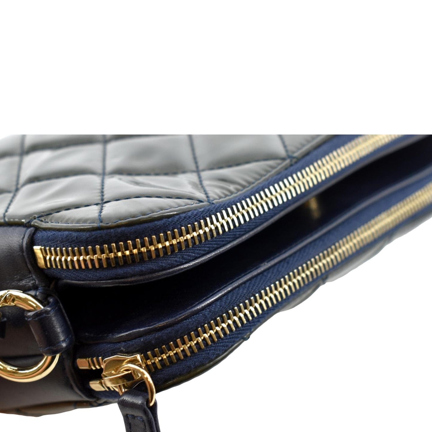 CHANEL Double Zip Patent Leather Shoulder Bag Navy Blue