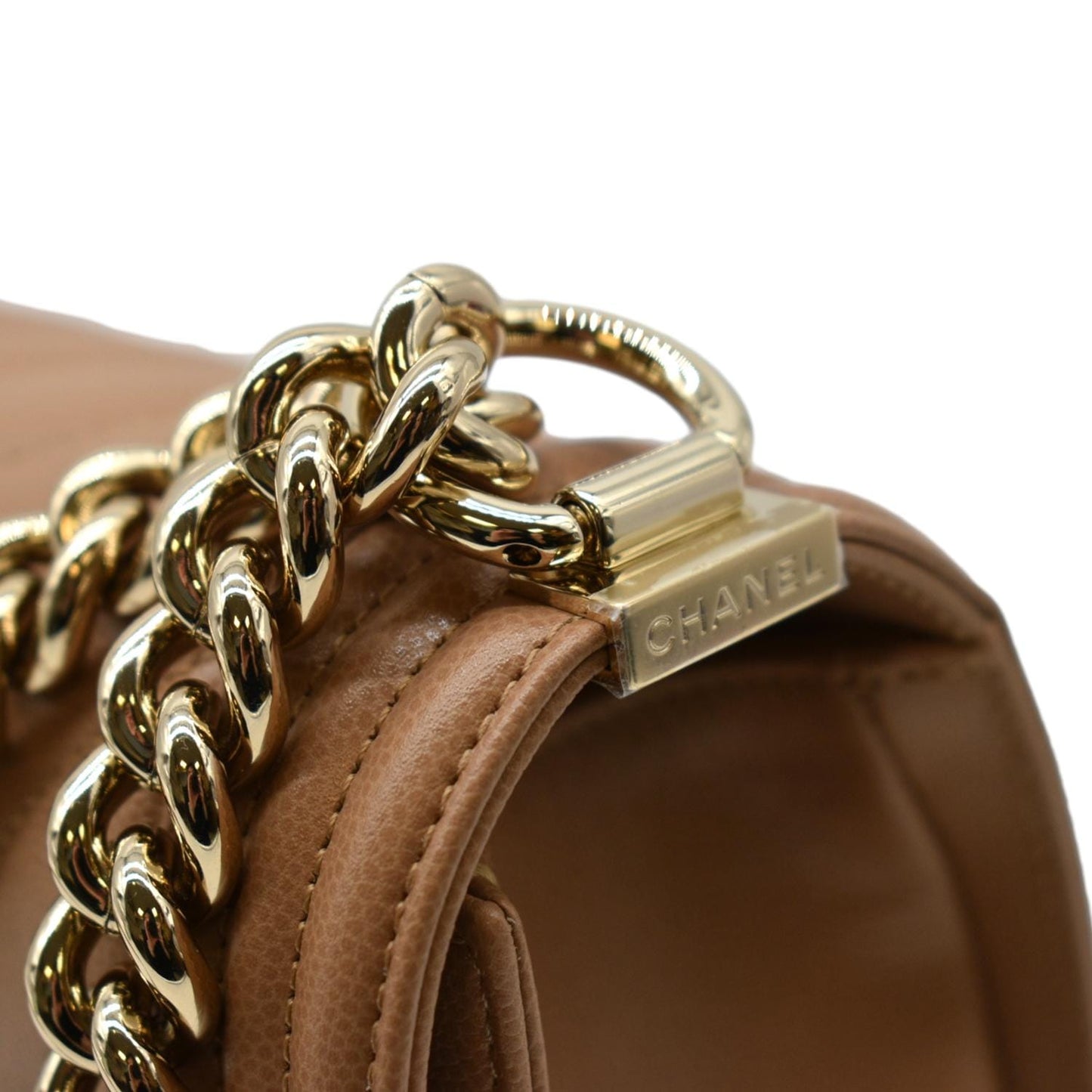 CHANEL Medium Boy Flap Chevron Caviar Leather Crossbody Bag Beige