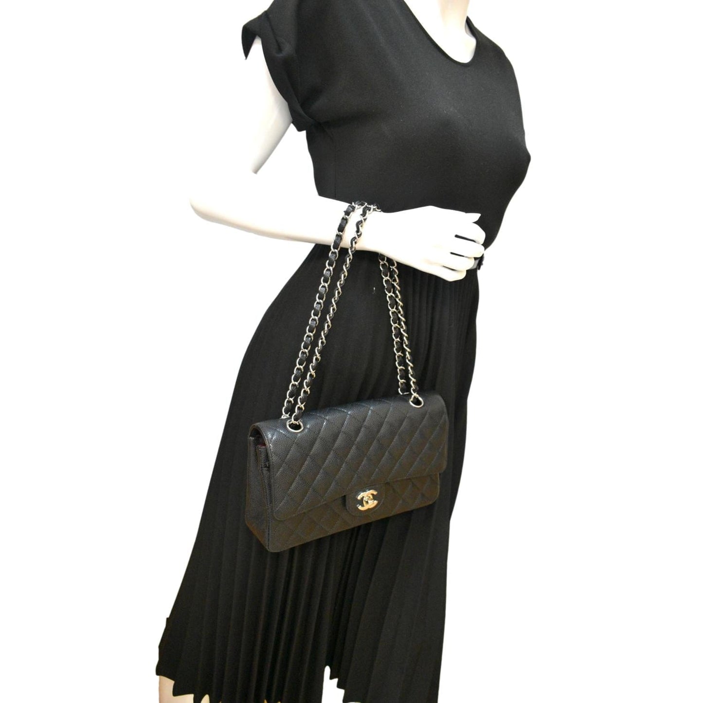 CHANEL Classic Double Flap Medium Leather Shoulder Bag Black