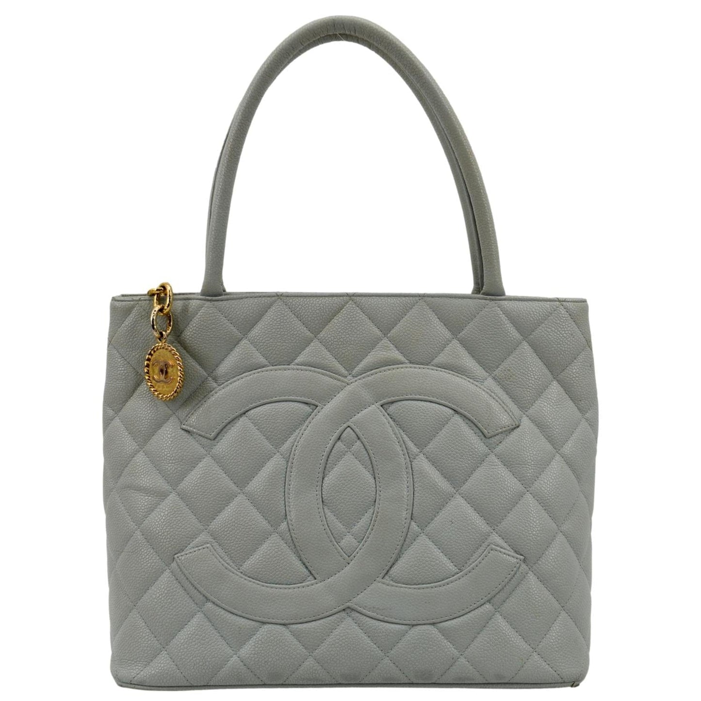 CHANEL Medallion Quilted Caviar Leather Tote Bag White