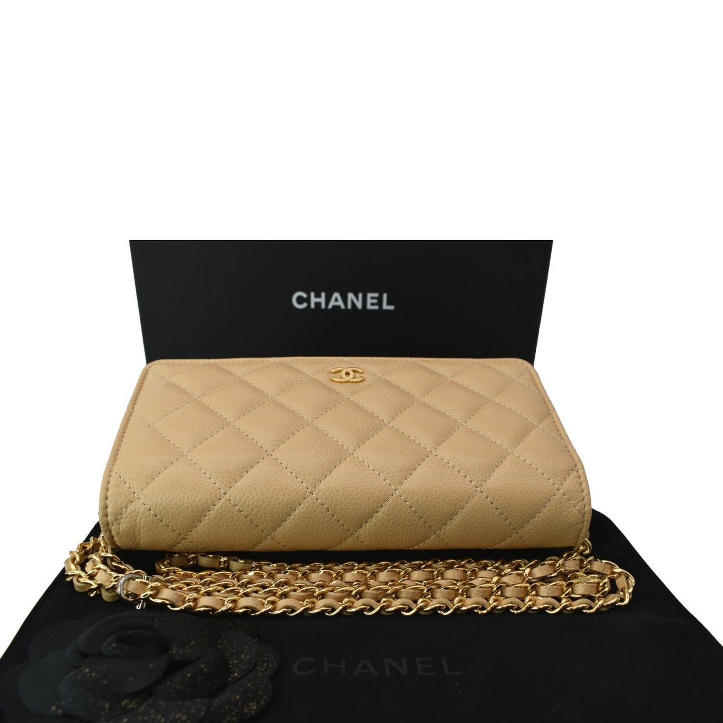 CHANEL CC WOC Leather Wallet On Chain Crossbody Bag Camel