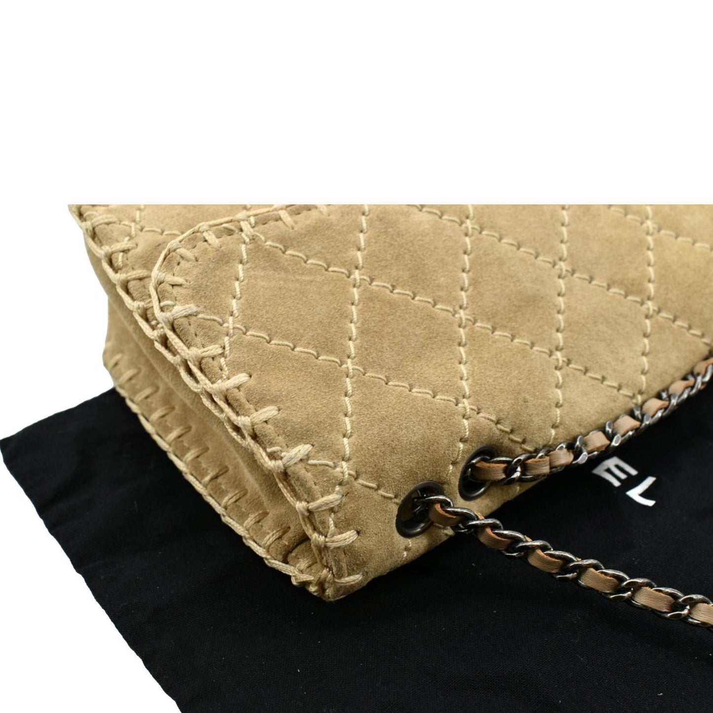 CHANEL Whipstitch Small Flap Suede Shoulder Bag Beige