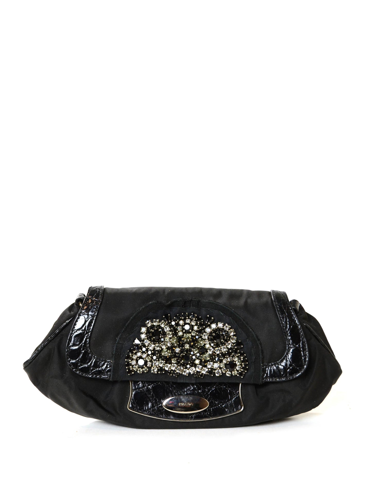 Prada Nylon Clutch Bag w/ Crystal Encrusted & Crocodile Detail