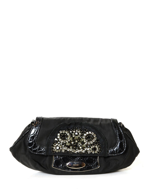 Prada Nylon Clutch Bag w/ Crystal Encrusted & Crocodile Detail