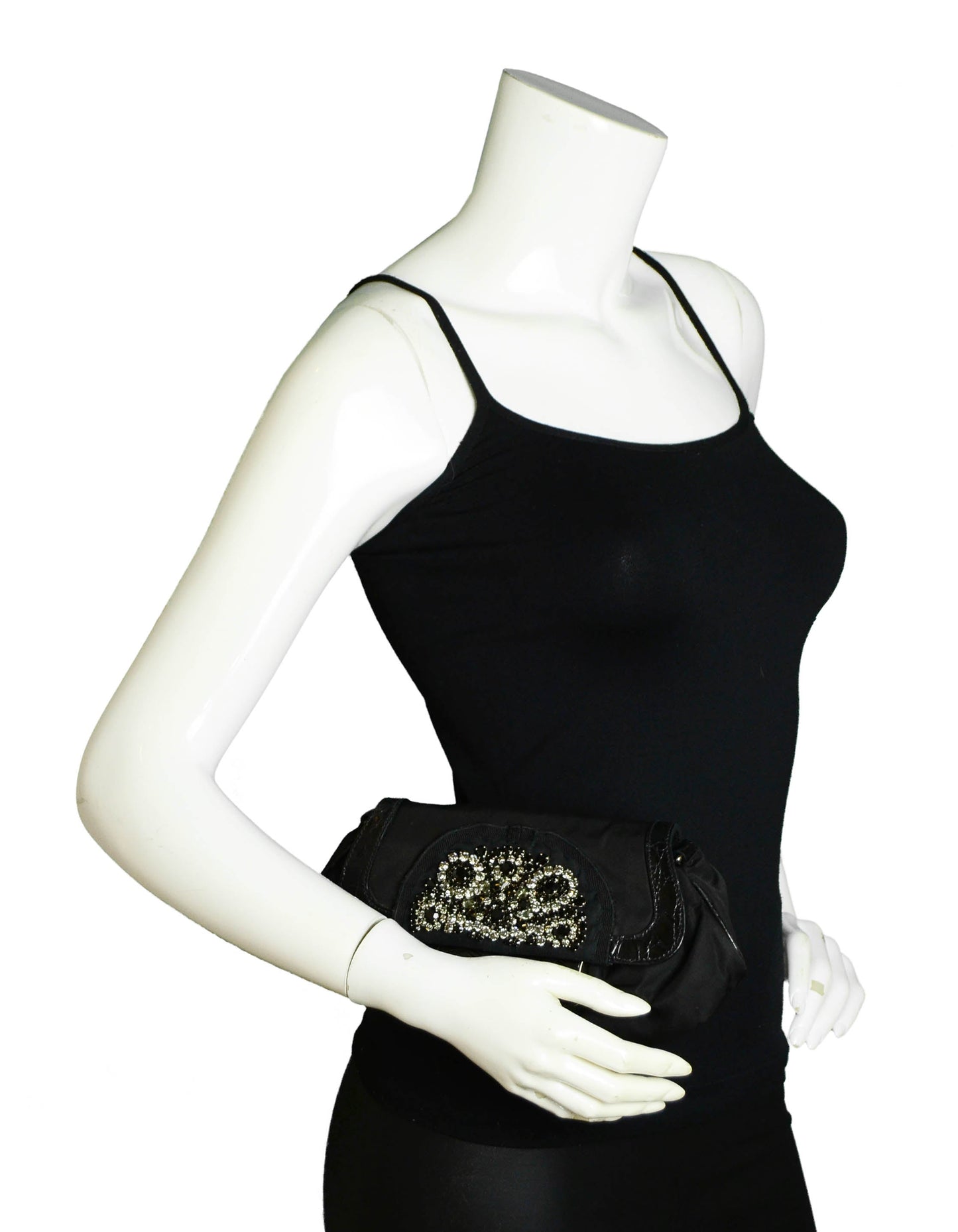 Prada Nylon Clutch Bag w/ Crystal Encrusted & Crocodile Detail