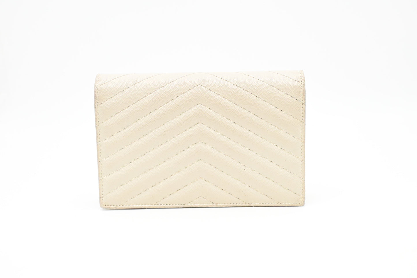 YSL Saint Laurent Cassandra Clutch on Chain in White Grain de Poudre Leather