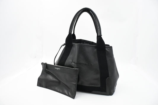 Balenciaga Navy Cabas Small Tote in Black Leather and Canvas