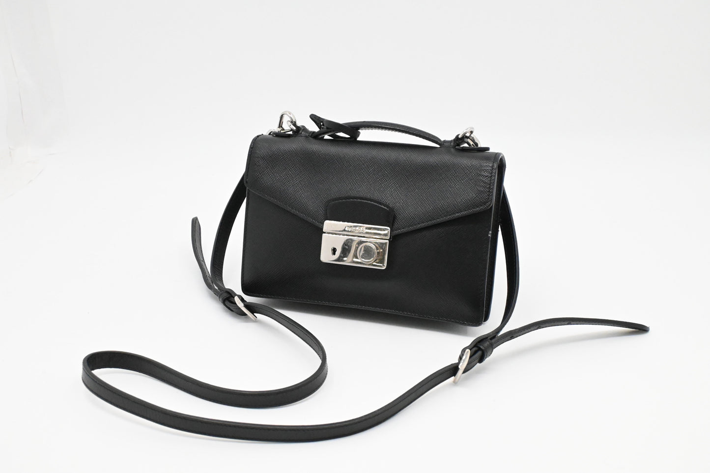 Prada Mini Sound Crossbody in Black Saffiano Leather