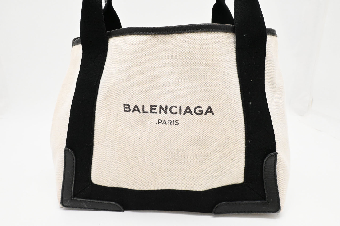 Balenciaga Small Navy Cabas Tote in Ecru and Black Canvas