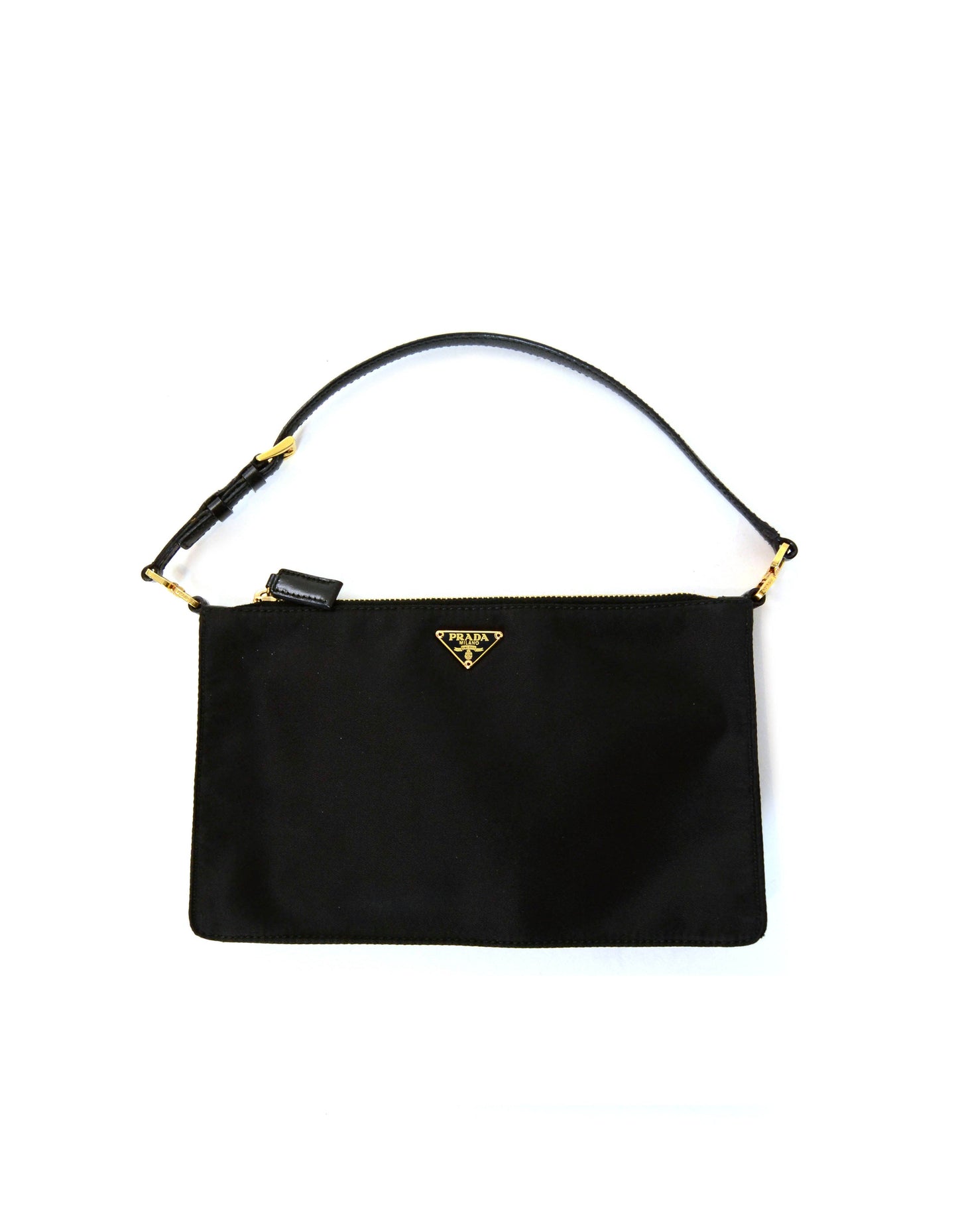 Prada Black/Goldtone Nylon Zip Top Pochette Bag