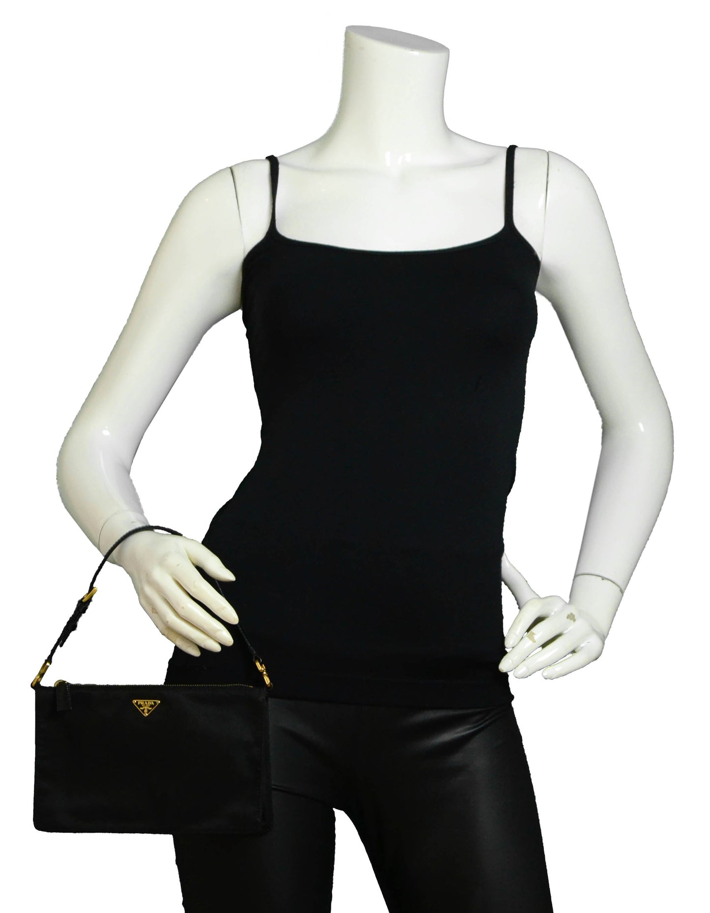 Prada Black/Goldtone Nylon Zip Top Pochette Bag
