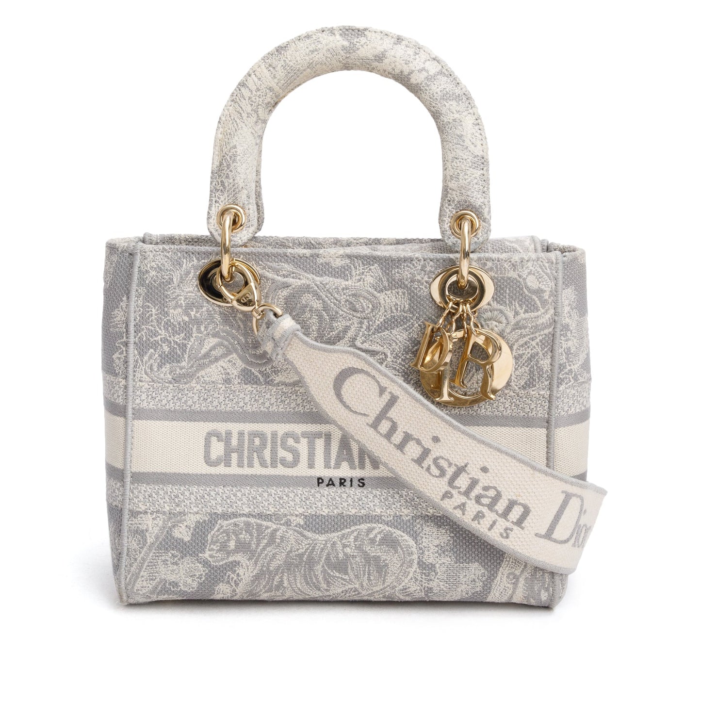 Christian Dior 2021 Grey Canvas Toile de Jouy Embroidered Medium Lady D-Lite