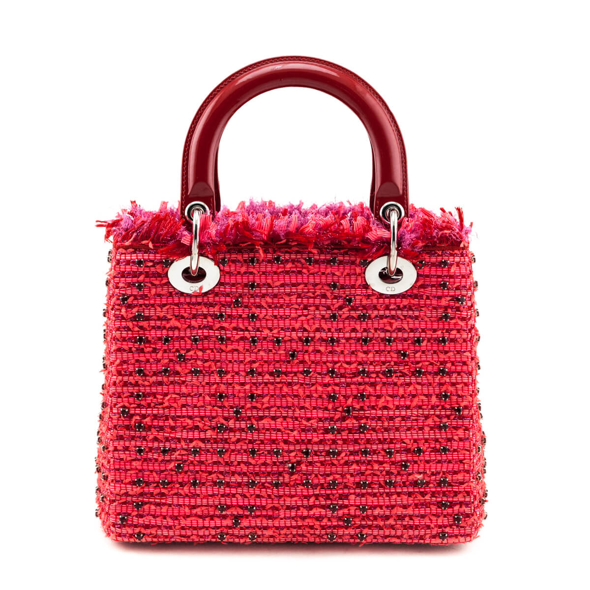 Dior Red Patent & Pink Tweed Embellished Medium Lady Dior Bag