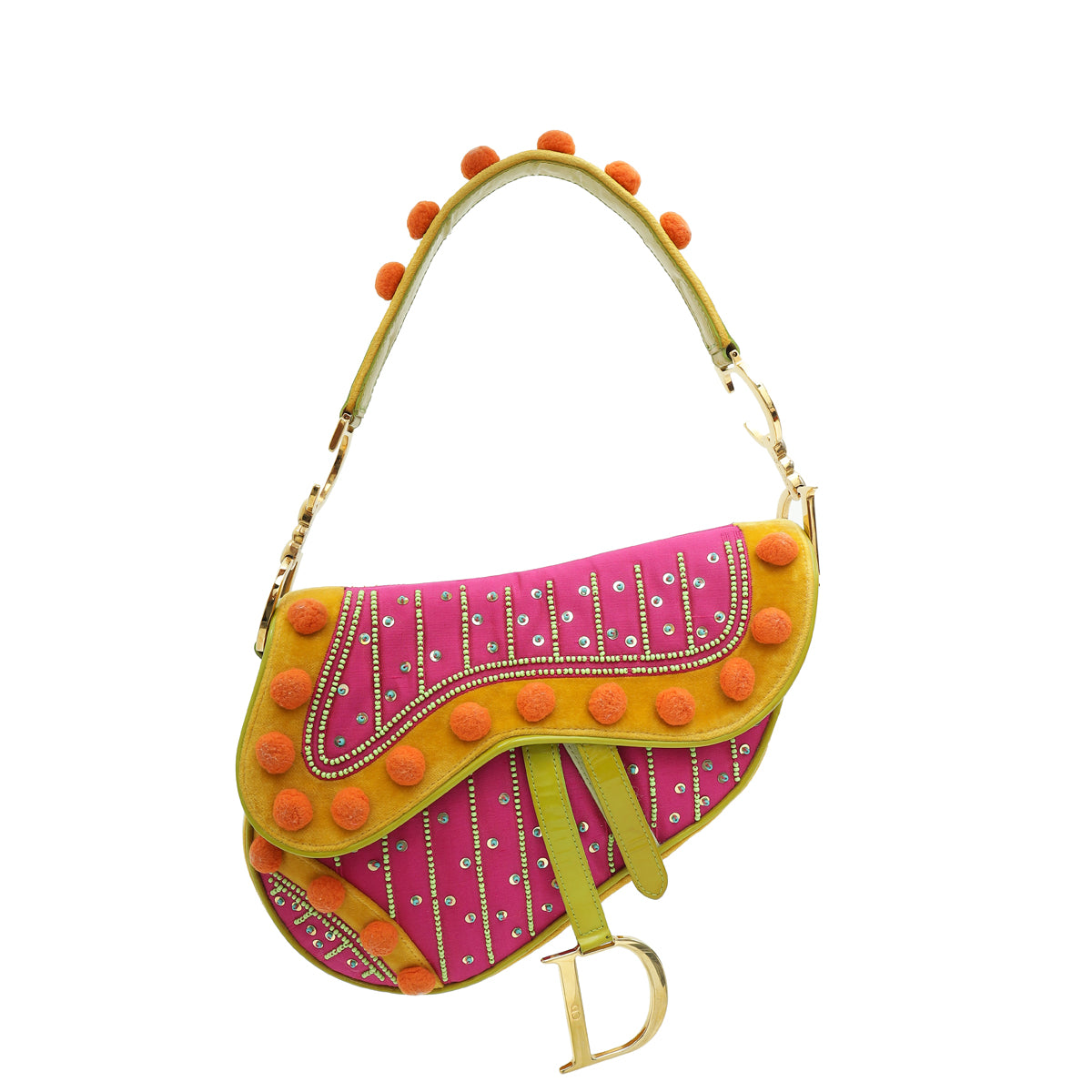 Christian Dior Multicolor   L.E Pom Pom Embellished Saddle Medium Bag