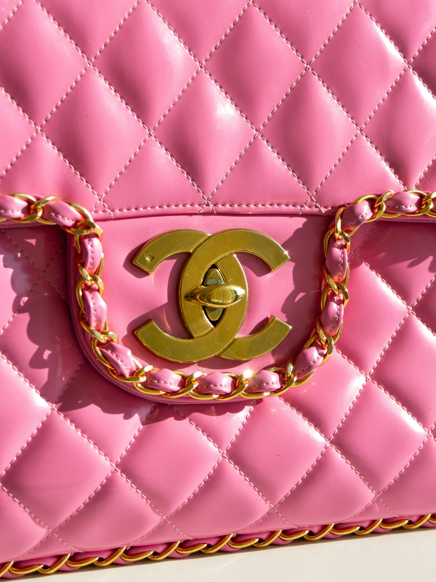 Chanel  S/S1995 Barbie Pink 24K Gold Chain Around Patent Lambskin Jumbo XL 95P Bag