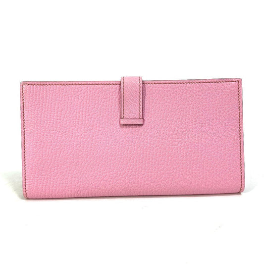 HERMES Long Wallet Purse Shave pink Long Wallet HMetal Bane Souffle Women Used