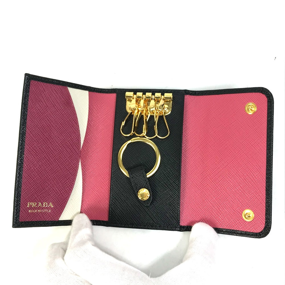 PRADA Key case Key holder  1PG004 saffiano leather Black x pink logo multicolor Key ring Women