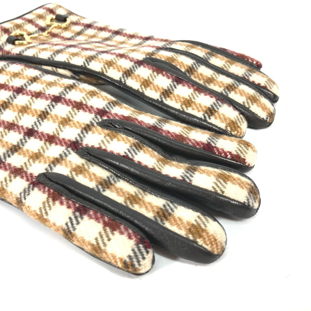GUCCI Glove 603635 Wool/Cashmere, Leather Brown check Horsebit Women 7 S