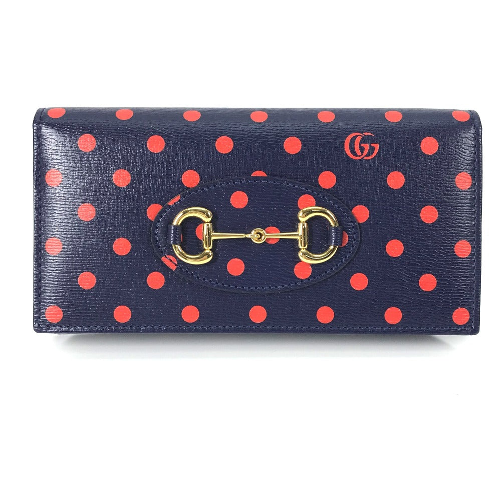 GUCCI Long Wallet Purse 621892 leather Navy x red Horsebit 1955 Dot Polka Dot Chain wallet Women