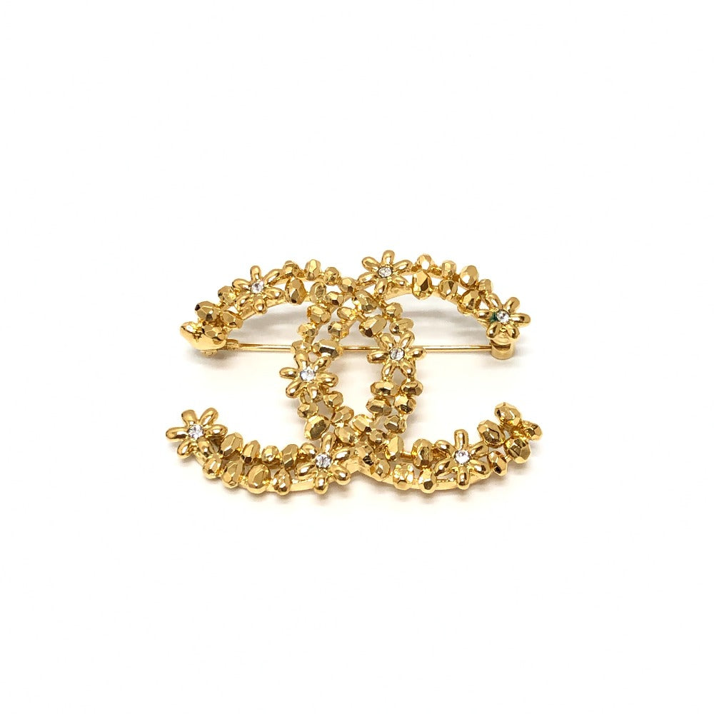 CHANEL Brooch metal gold 23A CC COCO Mark Flower Rhinestone Women