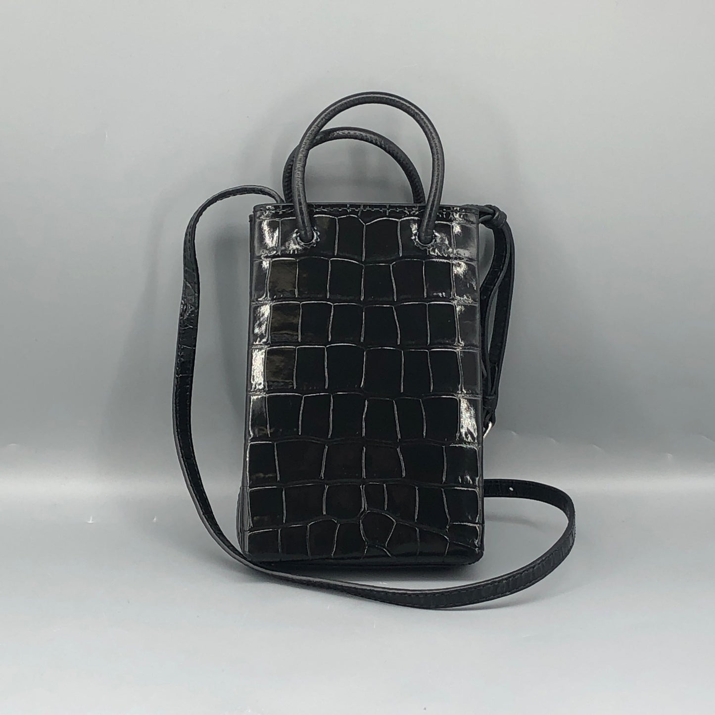 Balenciaga Logo Embossed Crocodile Embossed Leather Mini Vertical Phone Bag Black