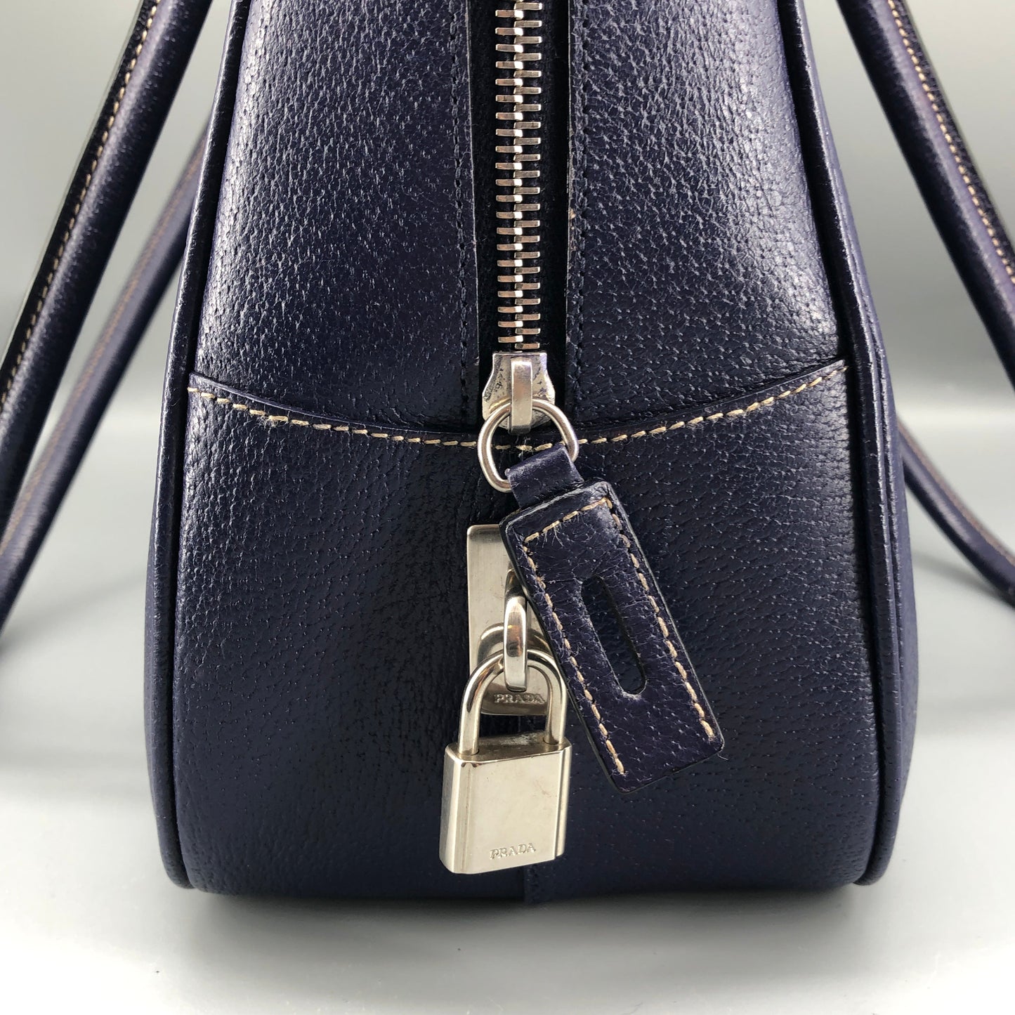 Prada Bauletto Medium Pebbled Leather Handbag Ink Blue