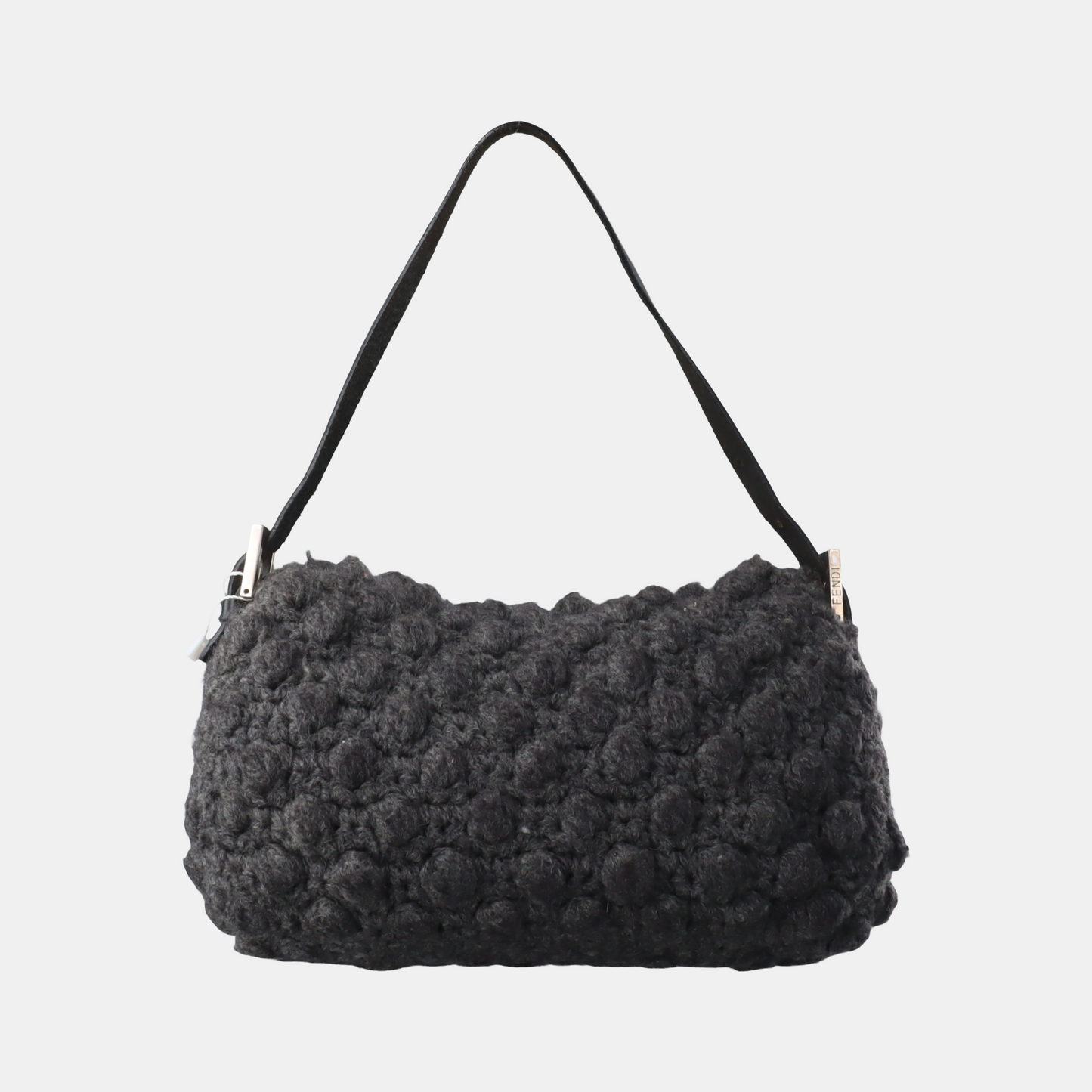 Fendi Baguette Bag Grey Crochet Knit Wool Pompom Shoulder Bag