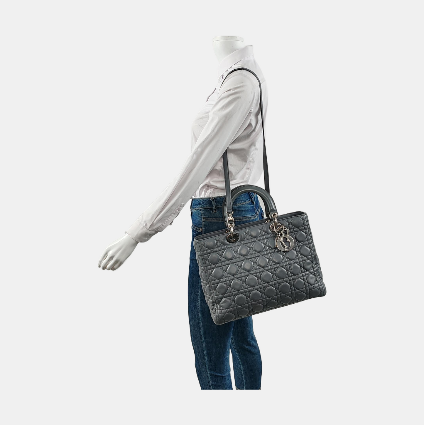 Lady Dior Large Dark Grey Lambskin Cannage Leather Silver Hardware