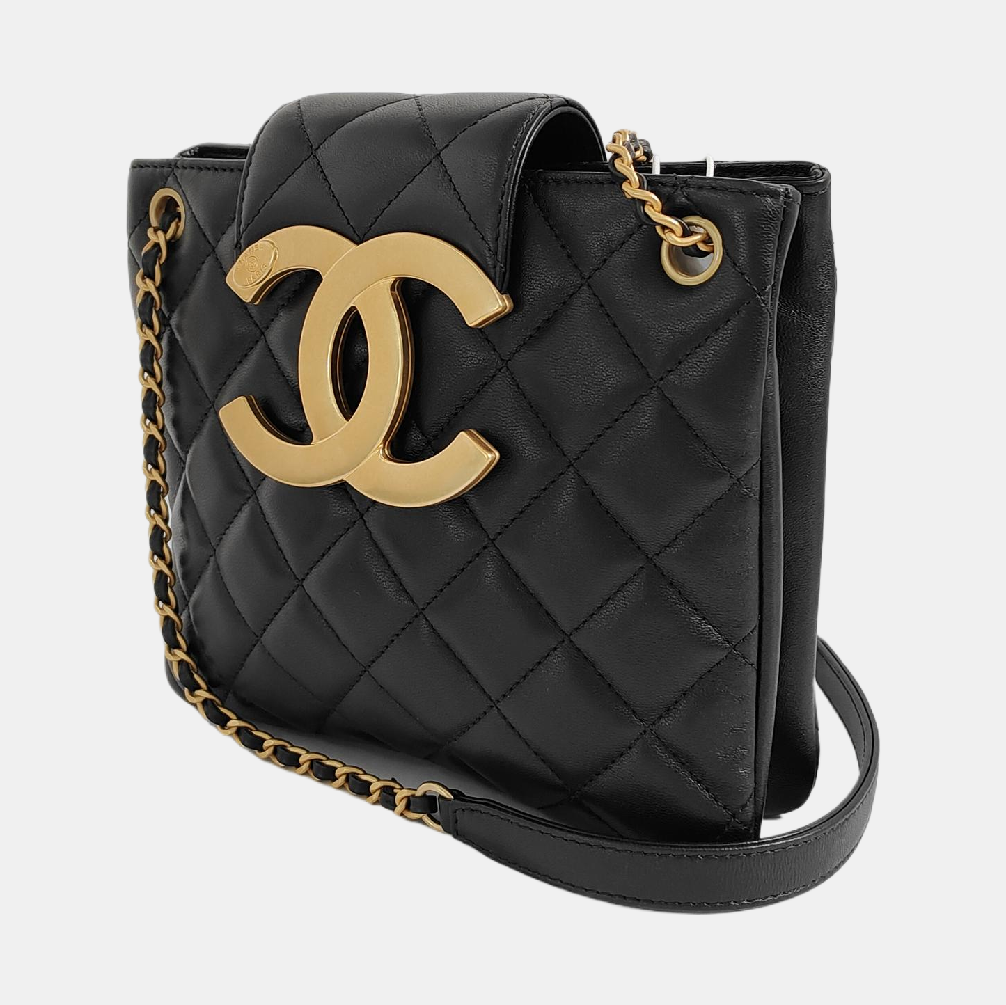 Chanel CC Small Shoulder Bag Giant Gold-tone CC Logo Black Lambskin Leather