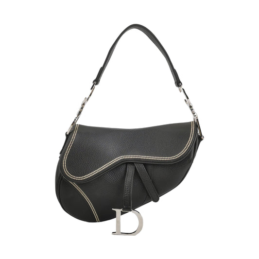Dior Saddle Vintage Black Calfskin Leather With White Stitching Silver Hardware