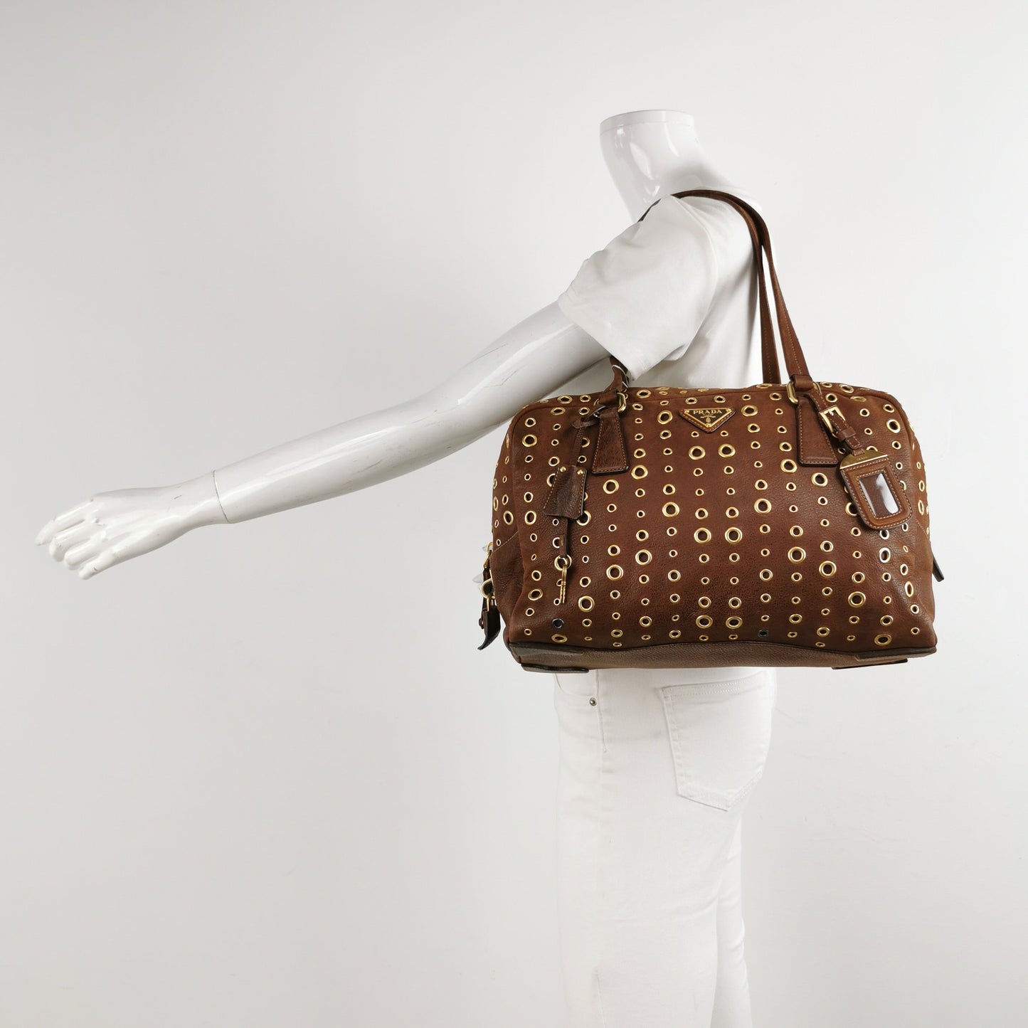 Prada Brown Grommet Calfskin Leather Gold Ringlet Shoulder Bag