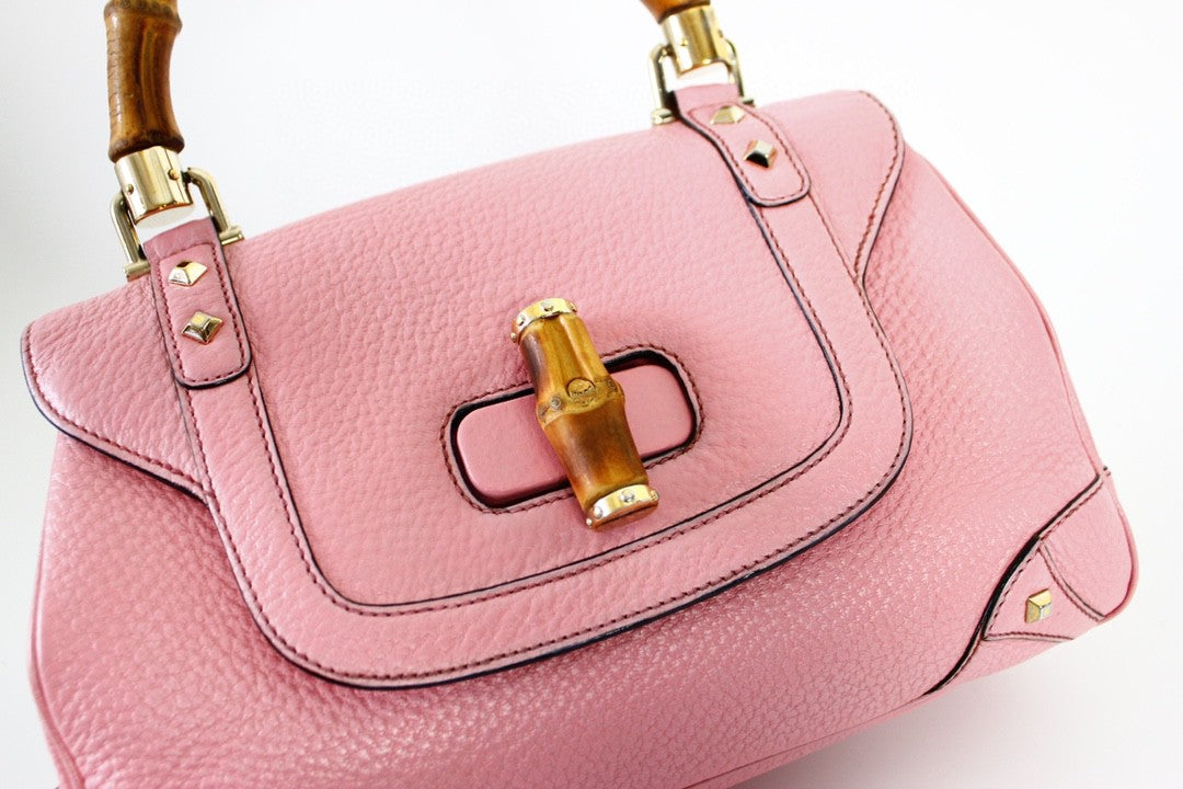 Gucci Bamboo Top Handle Bag Leather Medium Pink Studs