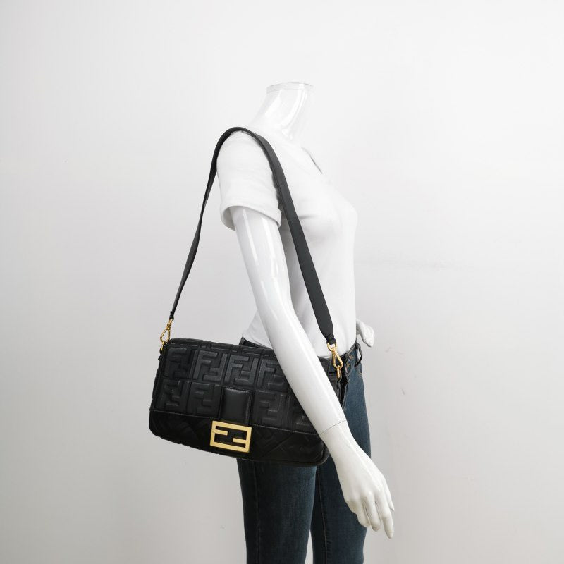 Fendi Baguette Black Leather 3D FF Motif Crossbody Bag Large
