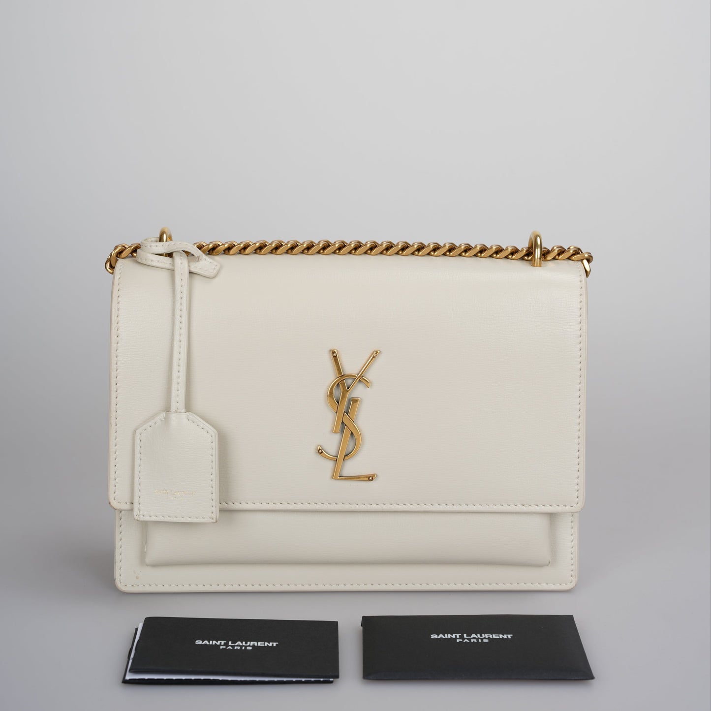 Saint Laurent Sunset Medium Bag in White Blanc  Calfskin with Gold Hardware