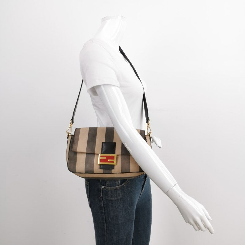 Fendi Baguette Crossbody Bag Leather Beige and Black Stripes